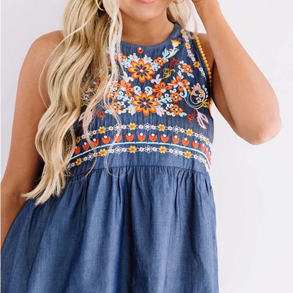 Savanna Jane chambray Dress with Colorful Embroidery - Picture 2 of 8